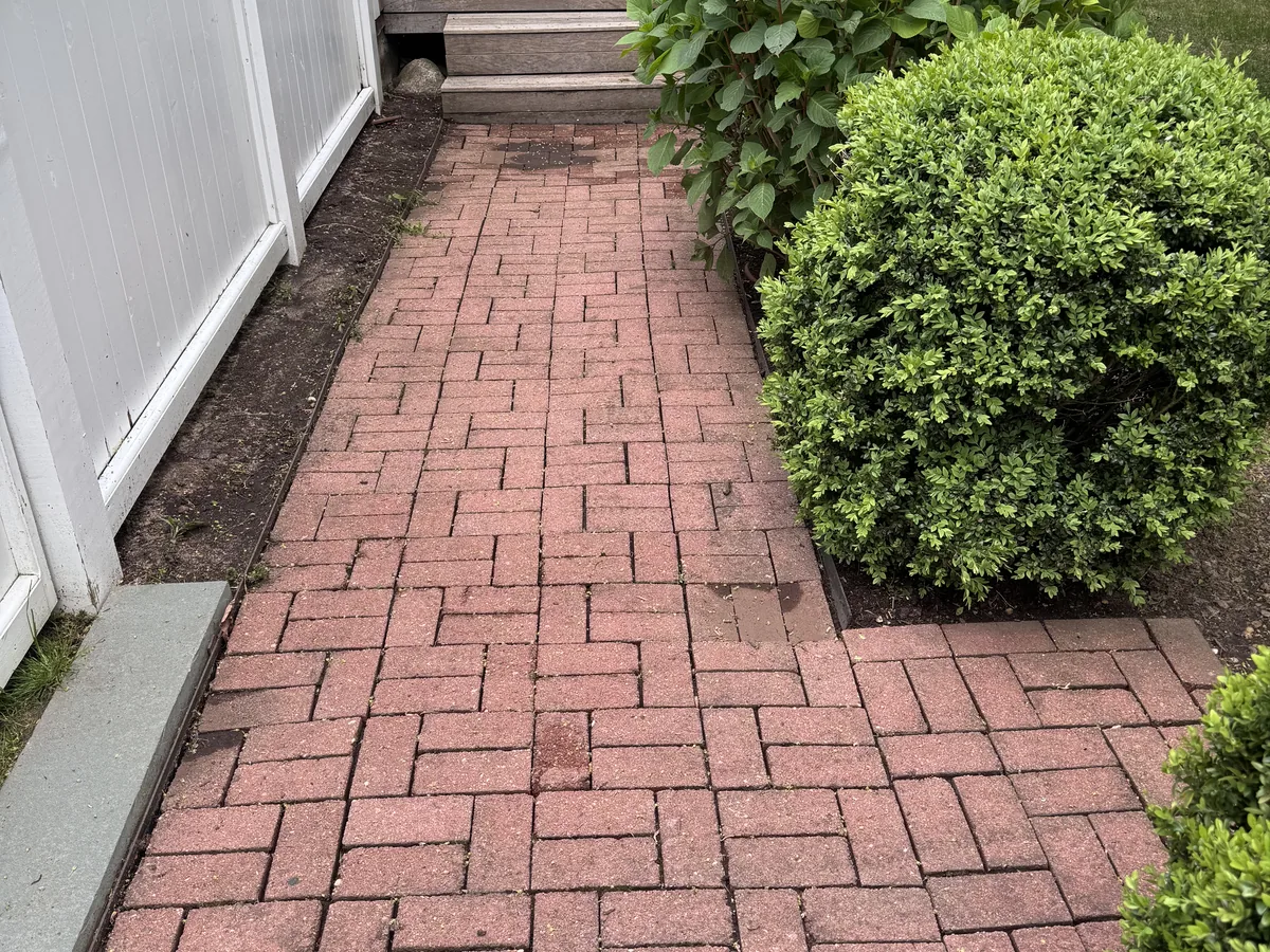 Brick paver walkway cleaning result by ClearView on Martha's Vineyard